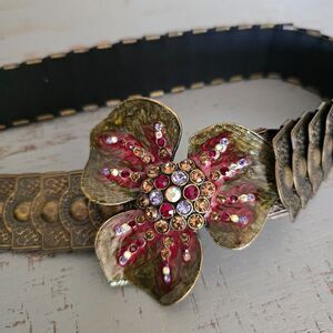 Vintage Bronze Metal Scales Bejeweled Flower Elastic Belt Size S/M
